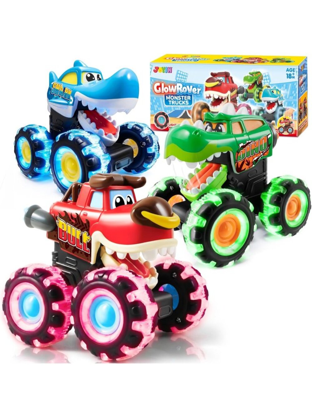 Classic 3 Pack Monster Truck Toys Light Up Cars Motion Activated LED Wheels Kids